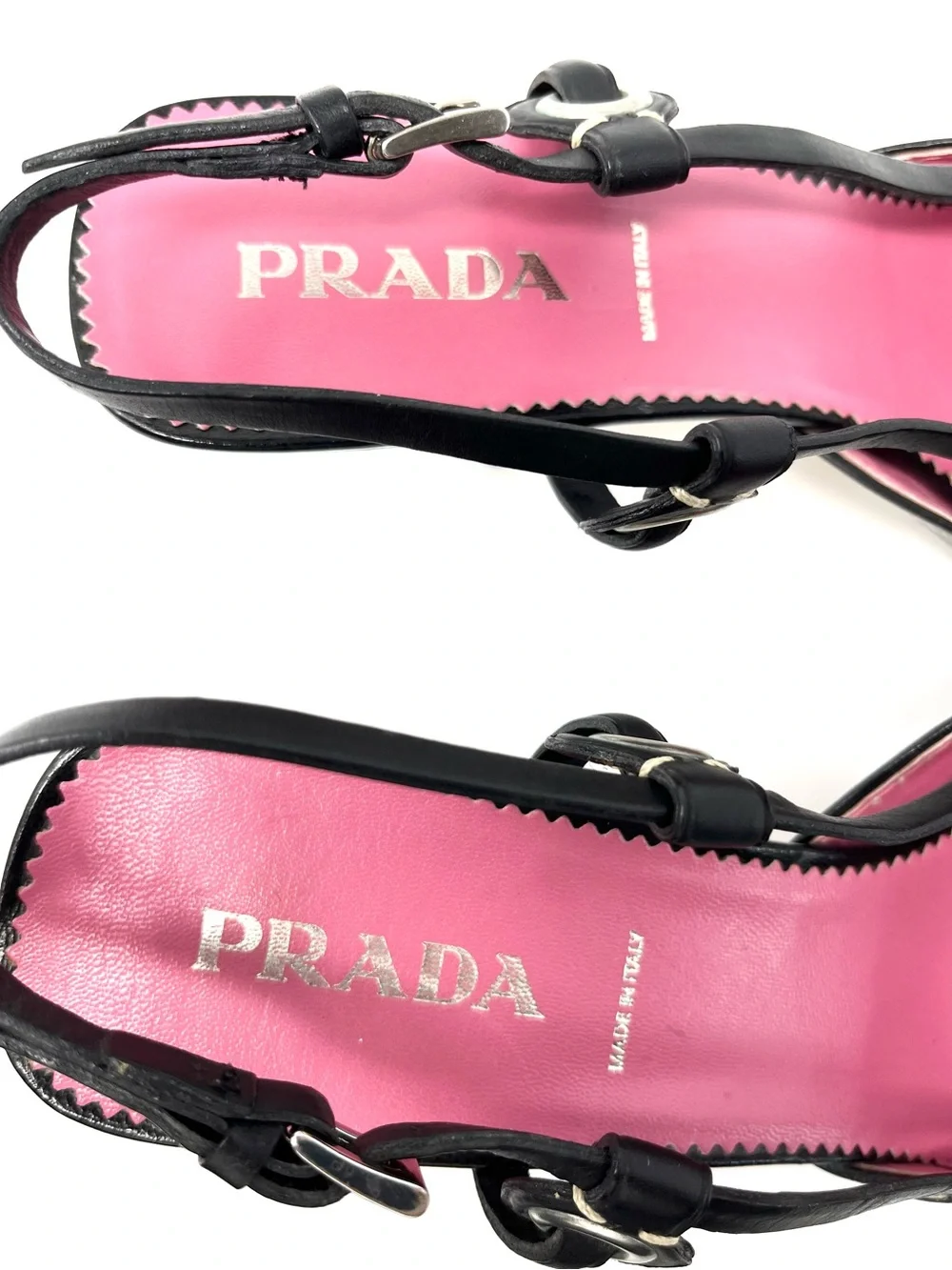 Vintage Prada 90s Black Leather Pointed Toe Grommet Slingback Kitten Heels 37.5 - Picture 4 of 10